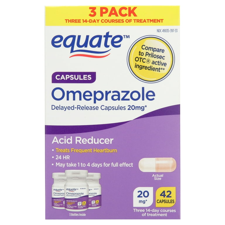 (3 pack) Equate Omeprazole Delayed-Release Acid Reducer Capsules, 20 mg, 42 Count