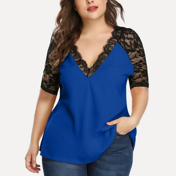 Fashion Plus Size Tunic Tops for Women Floral Lace Panel Half Sleeve V Neck T shirt Tops Casual Loose Basic Blouses