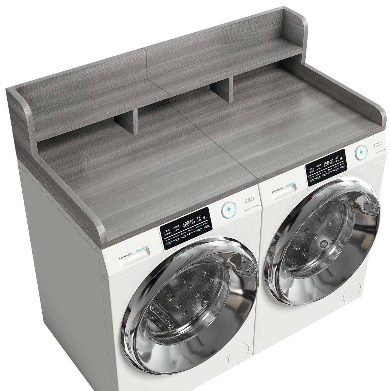 Washer Dryer Waterproof Countertop, Laundry Wood Shelf Topper with 2.75 Railimgs Edge, 54" x 27.5" Double Layer Organizer for Washer and Dryer Laundry Hamper Counter Storage Organization, Gray +White
