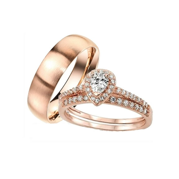 His Her Wedding Ring Set 3 Piece Engagement Rings Rose Gold Halo Cz Wedding Ring Set Women's 9 Men's 13