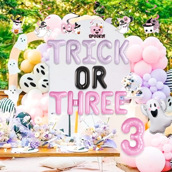 Trick or Three Halloween Birthday Decorations - Cute Pink Purple Balloon Set for Party Decor