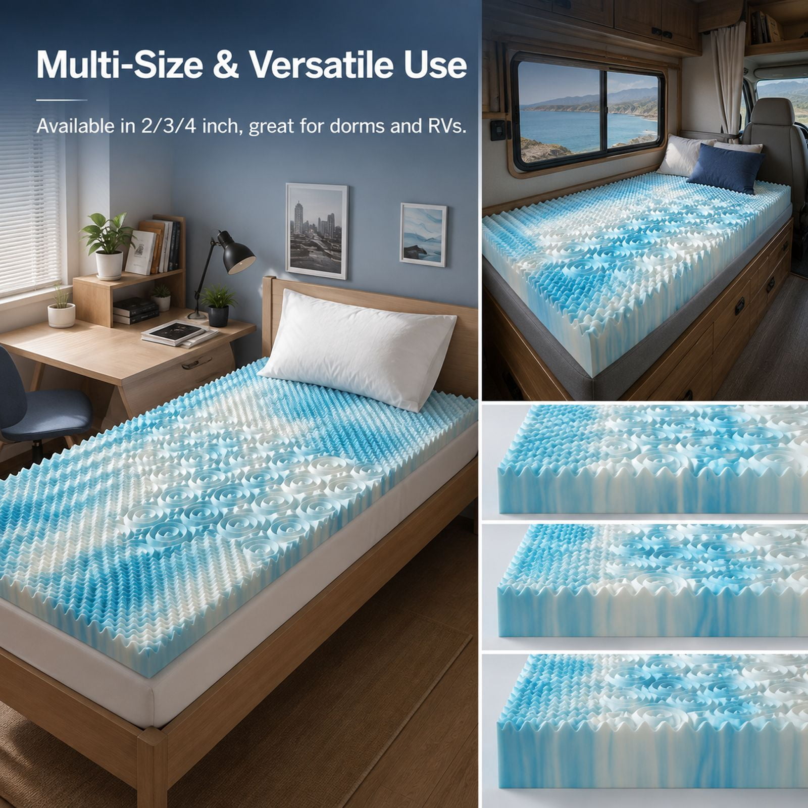 Alvantor 2/3/4 Inch 5-Zone Cooling Gel Memory Foam Mattress Topper, Pressure Relief for Back & Hip Pain, Soft Reversible Pad for Dorm RV Camping