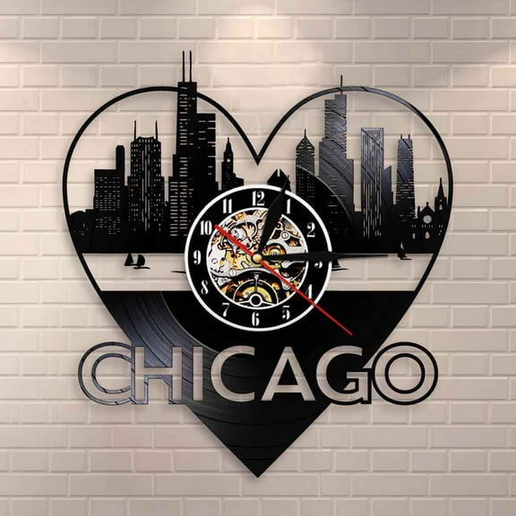 Chicago City Architecture Wall Art Wall Clock Home Decor Chicago Skyline Cityscape Vinyl Record Wall Clock USA Travel Souvenir