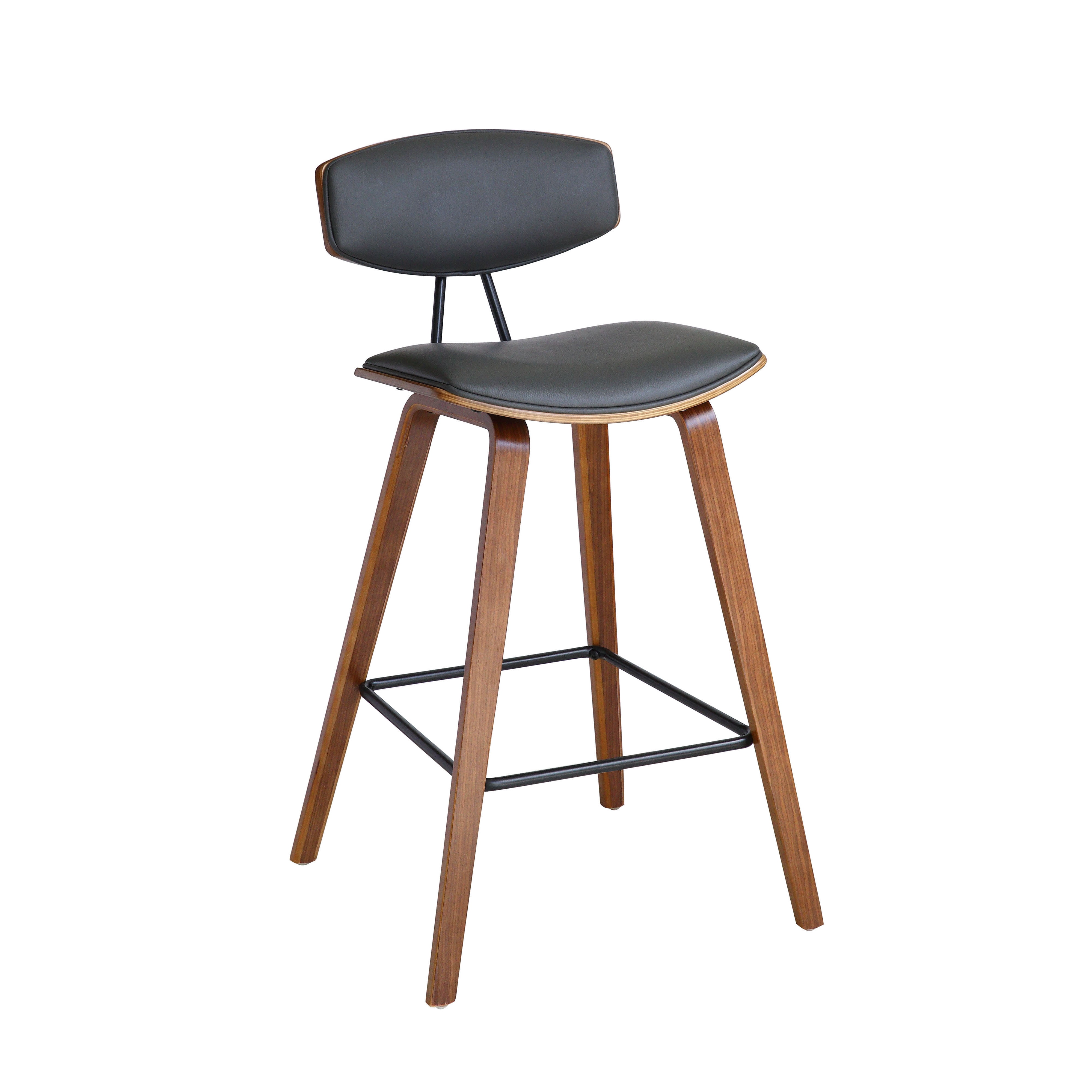 Fox 25.5" Counter Height Gray Faux Leather and Walnut Wood Mid-Century Modern Bar Stool - Set of 4