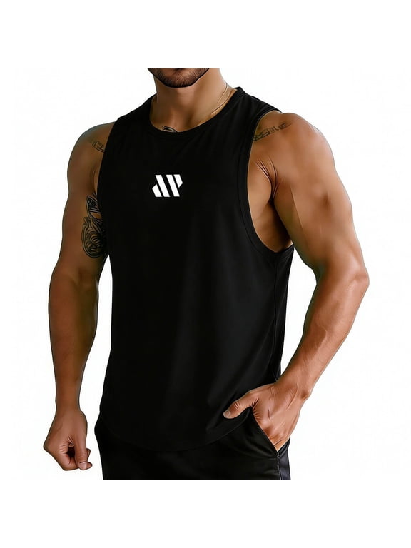 Men's Printed Logo Sleeveless Gym Tank Top, Polyester Quick-Dry Athletic Fit Shirt, Wide Shoulder Breathable Active Wear for Men's Fitness and Running