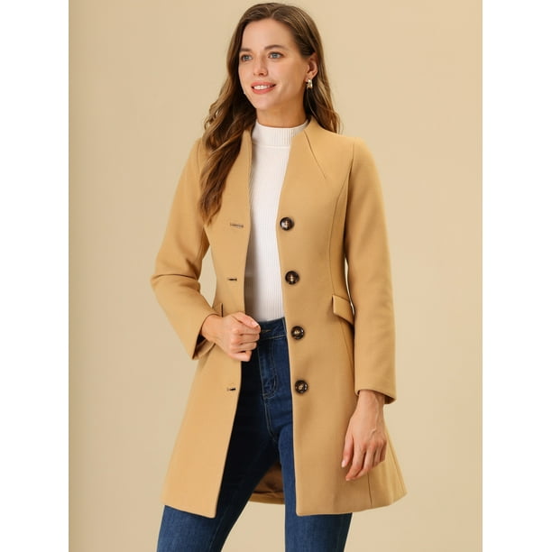 Abrigo largo elegante de invierno para mujer con cuello en V y un solo pecho Caqui XS Allegra K Abrigo
