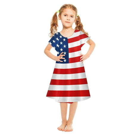 

DTBPRQ 4th of July Dresses for Girls Summer Independence Day Swing Short Sleeve Stars Stripes Dress Casual Clothes for Kids