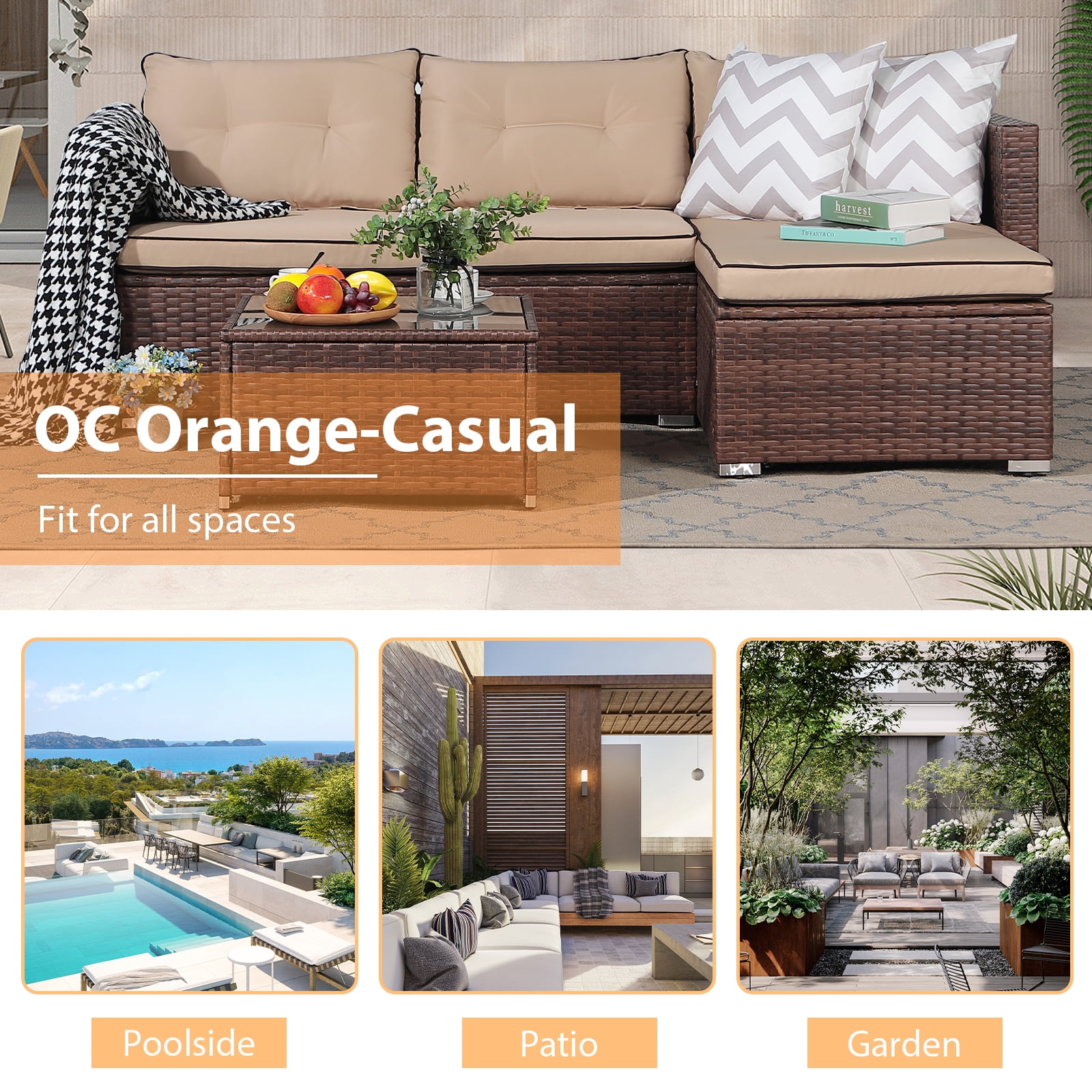 OC Orange-Casual 3-Piece Patio Furniture Set, All-Weather Outdoor Sectional Sofa Set, Wicker Loveseat Lounge Couch with Glass Coffee Table, Beige