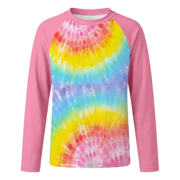 lnmuld Kids UPF50 Sun Protection Long Sleeve Rash Guard Rainbow Tie Dye Swim Shirt for Boys Girls Pink,13-14 Years