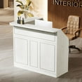 thumbnail image 2 of Finmind L-Shaped Reception Desk with Storage Shelves, Modern Front Desk Counter Table for Office, Salon, Retail Checkout, White Reception Counter with Open Storage for Small Spaces, 2 of 6