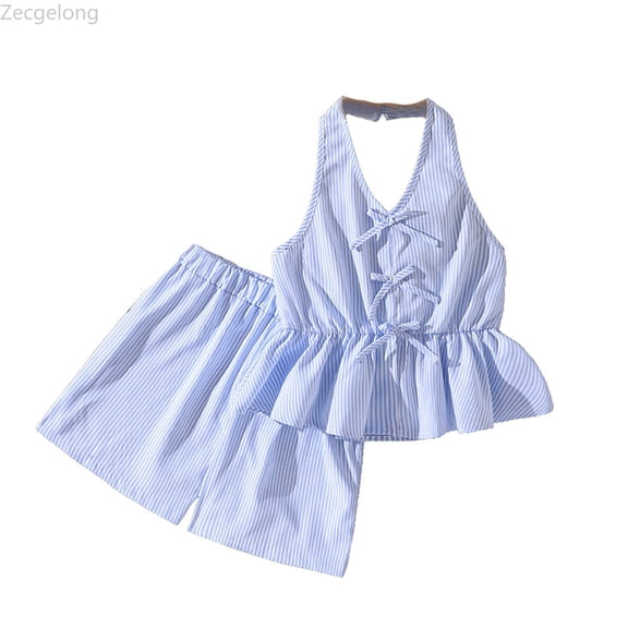 Zecgelong Kids Girls Summer Outfit Bow Tie Stripes V Neck Top And Shorts Two Piece Playwear Casual Clothes Girls Outfit Sets for Girls 7-8 Years