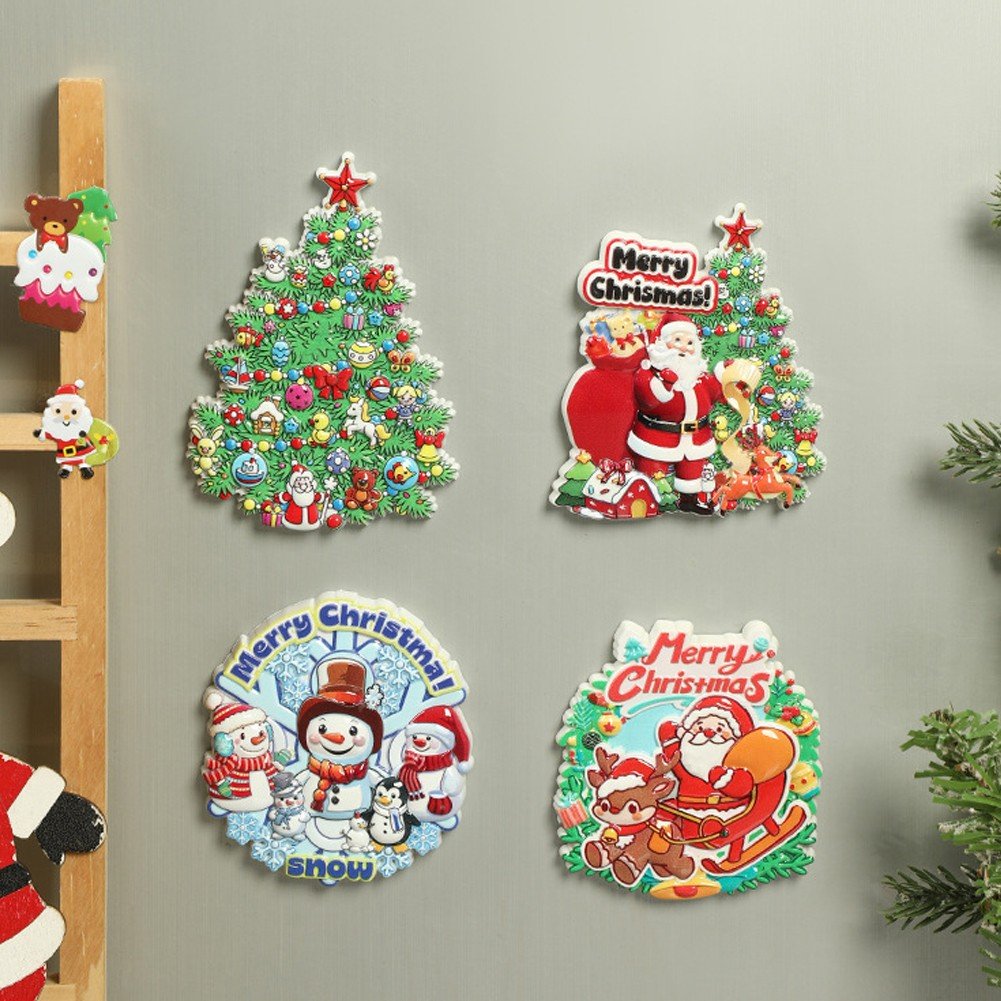 4PCS Christmas Refrigerator Magnets, Xmas Fridge Magnet Sticker Waterproof Santa Snowman Magnetic Refrigerator Stickers Removable Holiday Magnets for Refrigerator