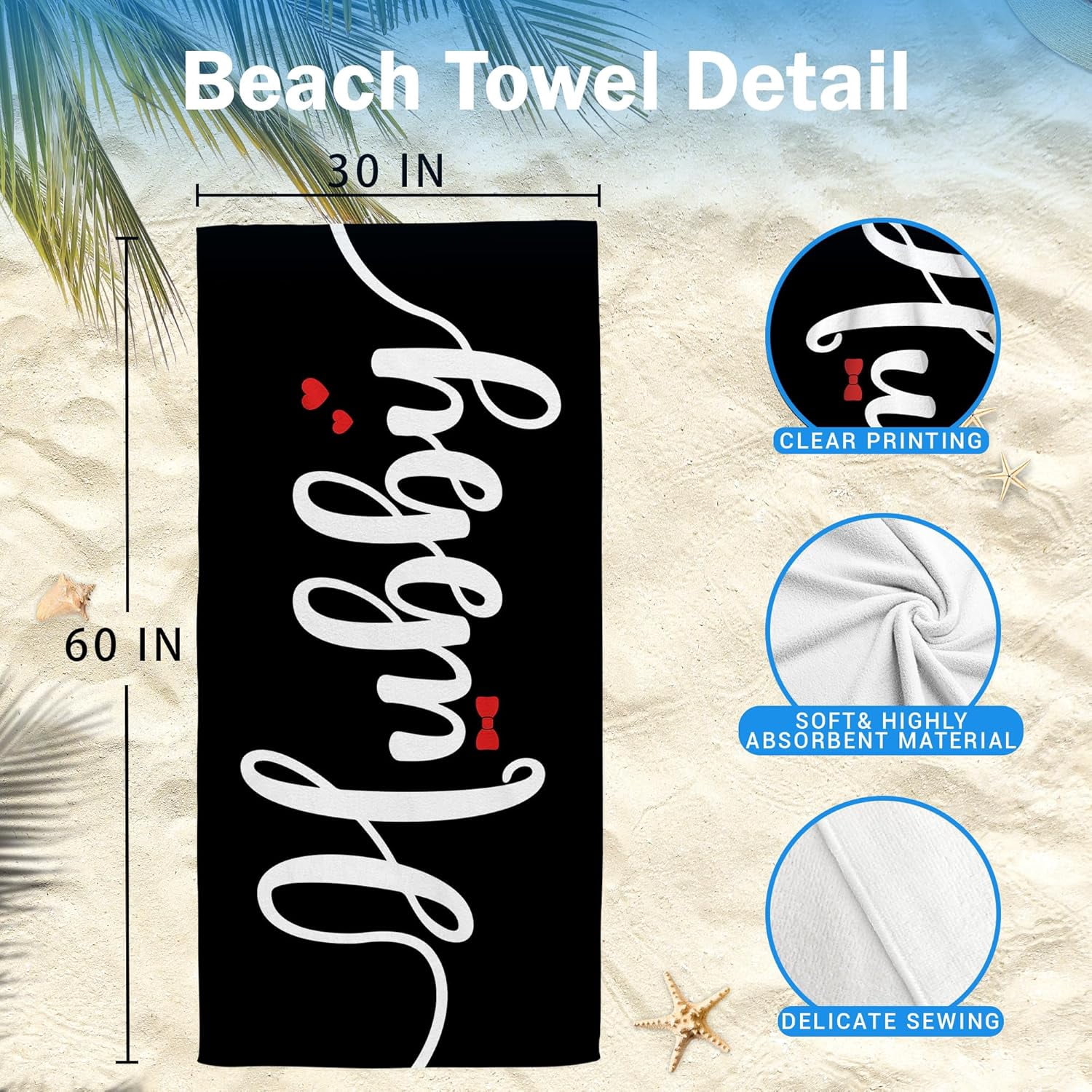 Couple Wifey Hubby Beach Towel Set of 2, Honeymoon Wedding Beach Towels Gifts for Bride Groom Valentines Him Her, Black and White Beach Towels Oversized Decor for Bathroom 30x60in