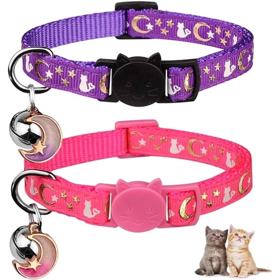 Xekoro 2PCS Breakaway Cat Collars with Bell Moons Stars Cute Kitty Adjustable Safe Kitten Collars with Pendant Glow in The Dark(Purple&Pink)
