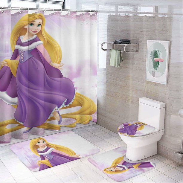 Juego de 4 cortinas de ducha Rapunzel con alfombrillas antideslizantes, tapa de inodoro y alfombrilla de baño, cortina de ducha impermeable con dibujos animados para niños con 12 ganchos, decoración