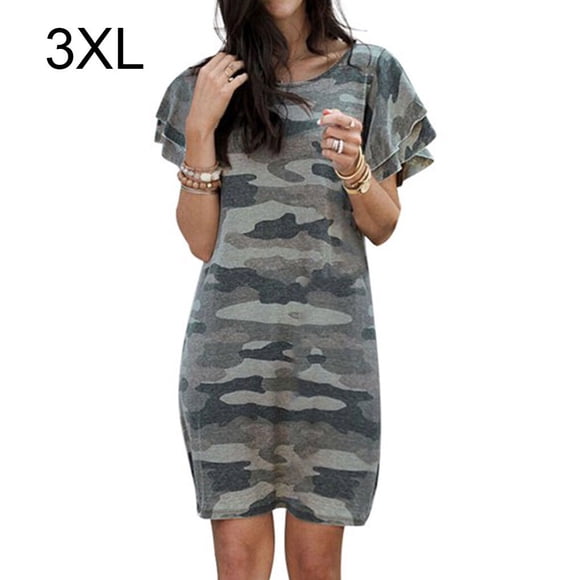 Women Dress Camouflage Print Long T-shirt Short Sleeve T-shirt Dress Loose Dress, Army Green, 3XL