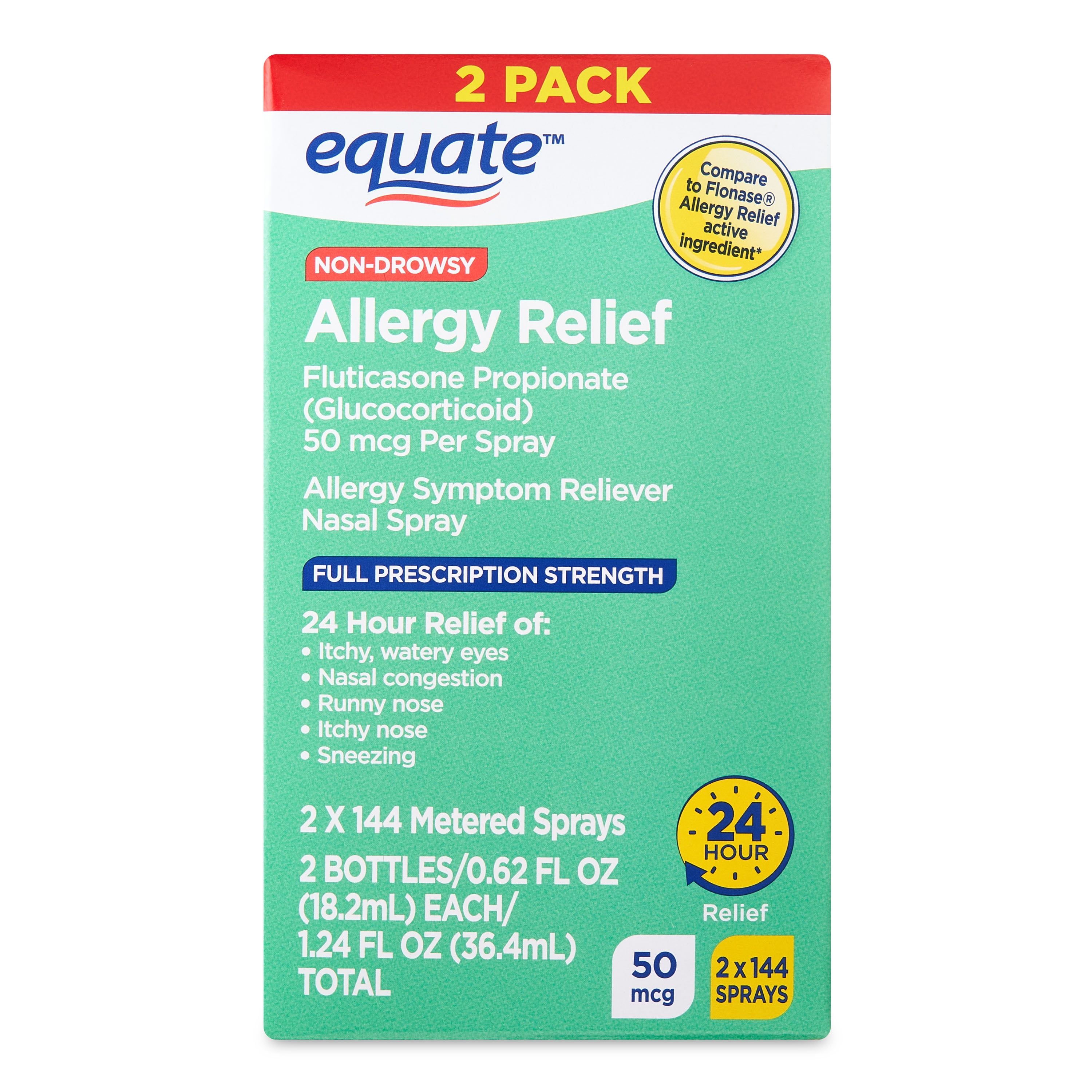 Equate Allergy Relief Fluticasone Propionate Nasal Spray, 50 mcg, 144 Metered  Sprays, 2 Pack