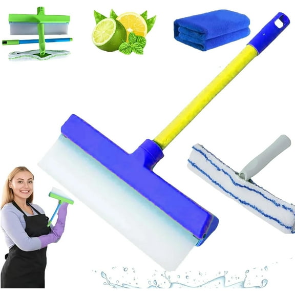 AquaSwipe Recyclable Silicone Window Squeegee Kit, 3 in 1 Window Cleaning Scraper, Rotatable Rubber Squeegee and Microfiber Scrubber, Squeegee Cleaner for Shower Glass (Blue)