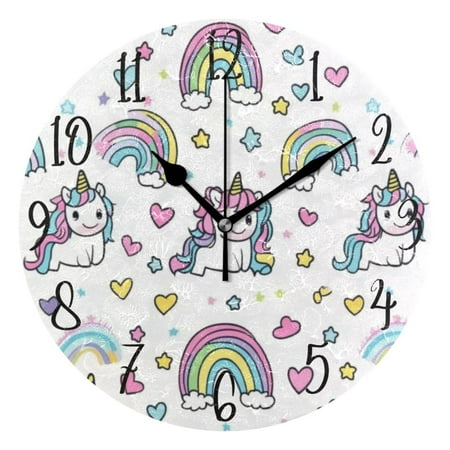 WOBOGO Pattern with Cute Unicorns and Rainbows Wall Clock 10in Silent Mechanism Battery Operated Retro Style for Living Room Bedroom and Kitchen Black Pointer