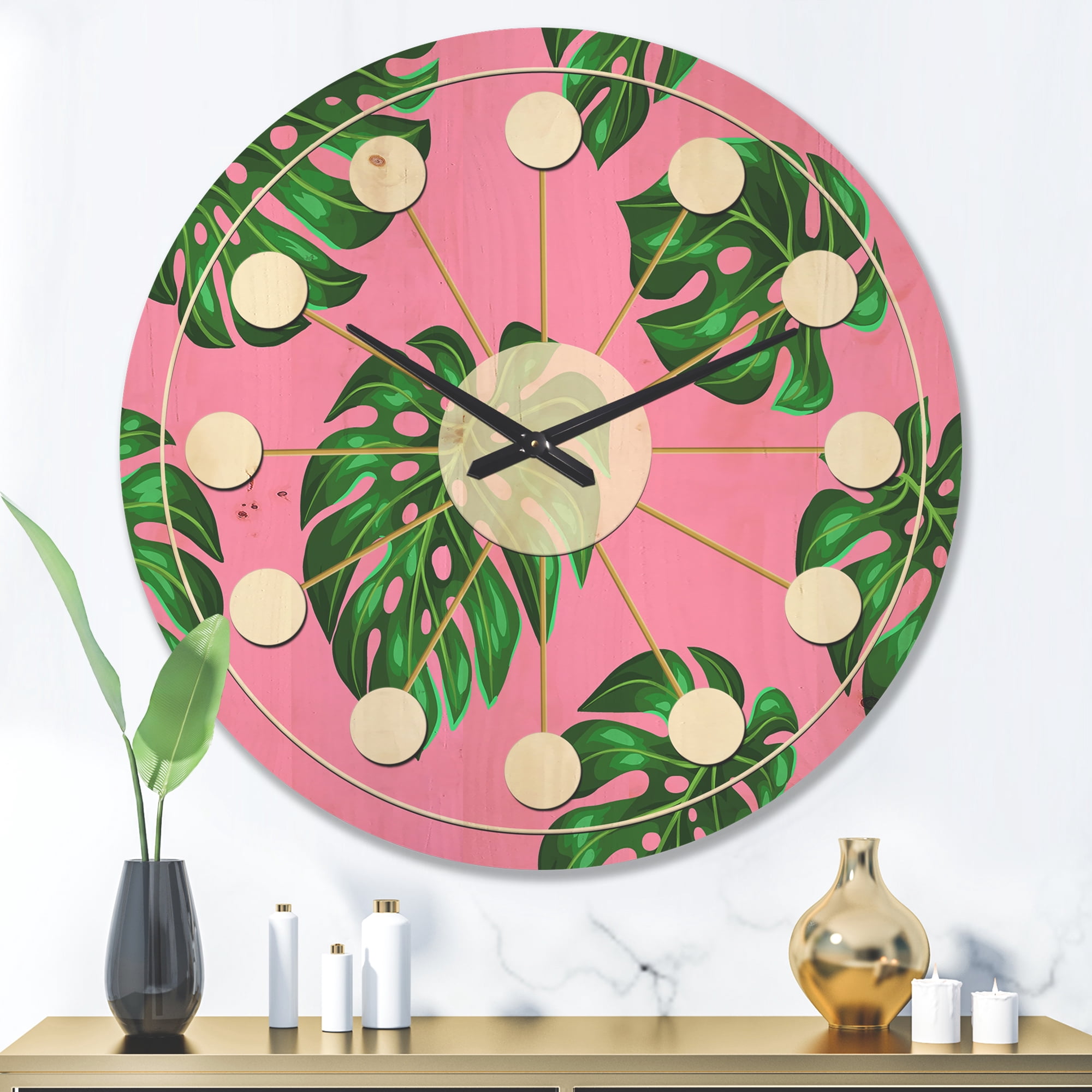 Designart 'Palm Tropical Leaves III' Mid-Century Modern Wood Wall Clock