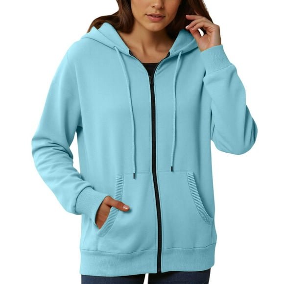 Aocisk Womens Zip Up Hoodie Fashionable Casual Pocket Zipper Long Sleeved Hooded Solid Color Sweatshirt for Streetwear Light Blue XXL