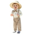 thumbnail image 3 of Ulanda Fall Outfit Newborn Baby Boy Gentleman Long Sleeve Bow Tie Romper Plaid Suspender Pants 2Pcs Christmas Clothes Set (Khaki, 12-18 Months), 3 of 9