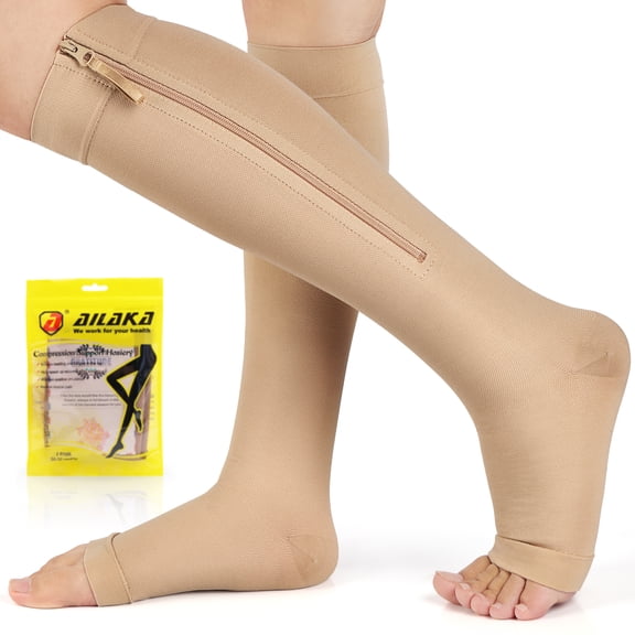 Ailaka 20-30 mmHg Open Toe Zipper Compression Socks, Firm Graduated Knee High Support for Varicose Veins, Edema & Post-Surgery, 1 Pair