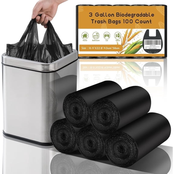 3 Gallon Bathroom Black Trash-Bags With-Handle - Small Garbage Bags 100 Count 12 Liter Compostable Unscented Basket Liners For Kitchen Office Thick