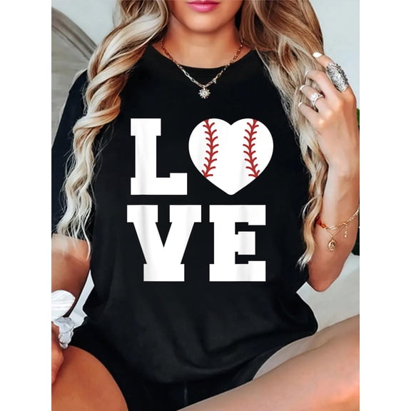 Love Baseball Word Art T-Shirt casual short sleeve crew neck cotton tee tops for women