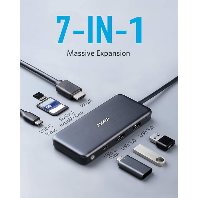 Anker USB C Hub, Adaptador PowerExpand+ 7-en-1 USB C Hub, con HDMI 4K, entrega de energía de 100W, puertos de datos USB-C y 2 USB-A de 5 Gbps, lector de tarjetas microSD y SD, para MacBook Air, MacBoo