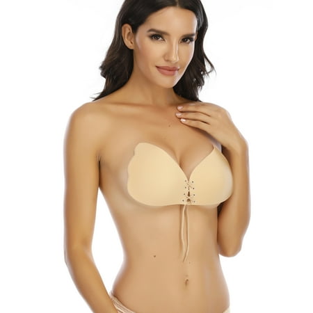 SAYFUT Adhesive Bra Push up Strapless Backless Silicone Nude Invisible Bra for Women Reusable with Drawstring-Upgrade Style