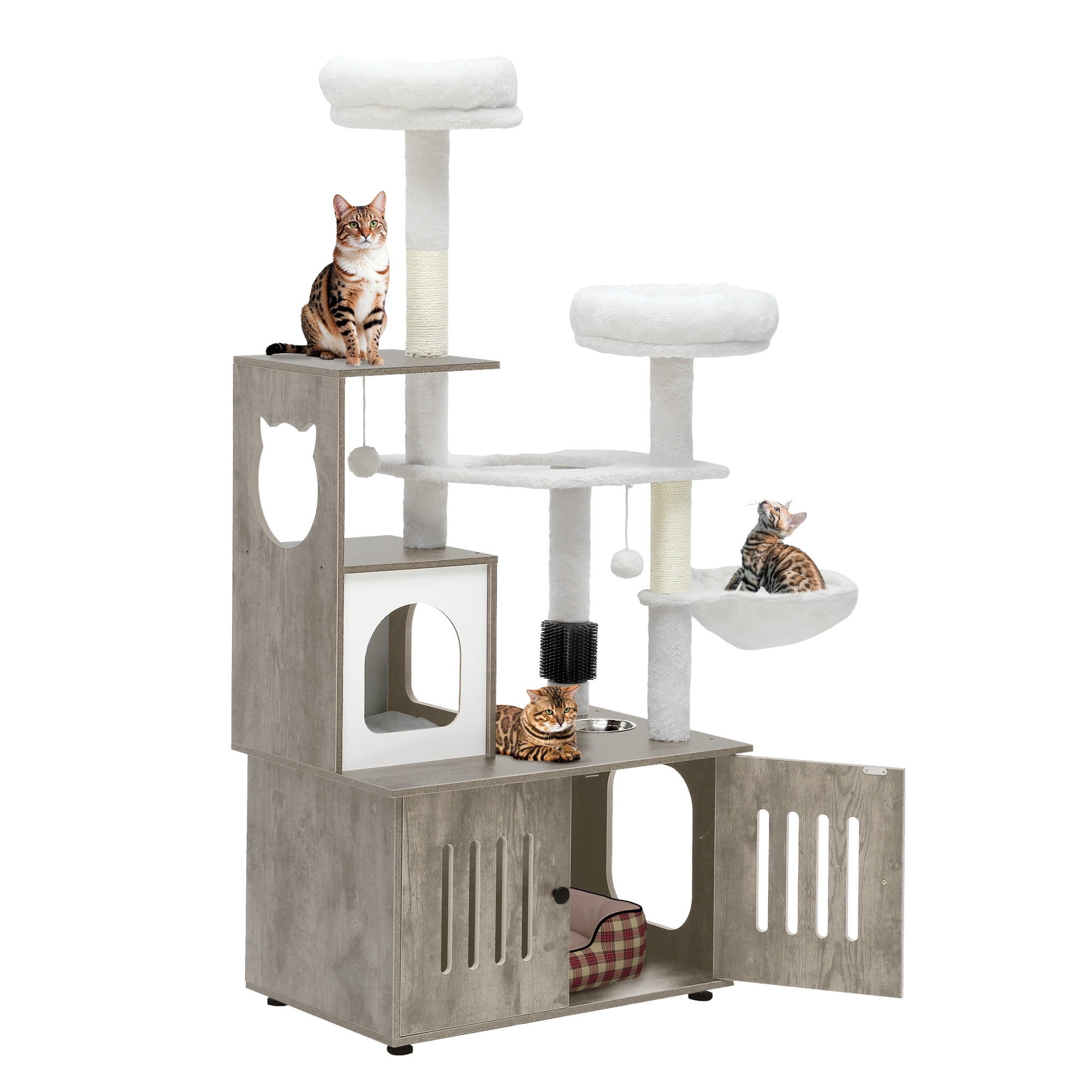 Uforic 59" Modern Wood Cat Tree for Indoor with Litter Box Enclosure and Cat Condo, 2-in-1 Cat Furniture with Scratching Posts & Hammocks, Gray