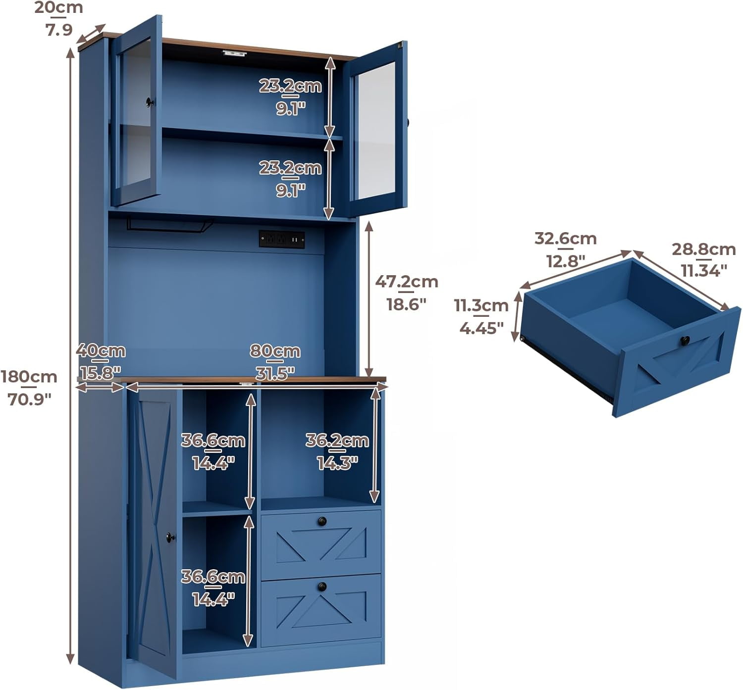Timagebreze 71 Inch Farmhouse Pantry with LED Lighting & Electrical Outlet, Tall Kitchen Cabinet with Microwave Stand,Blue
