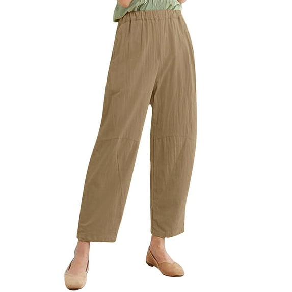 Xuanfei Women Elastic Mid Waist Hip Pockets Solid Color Linen Long Pants