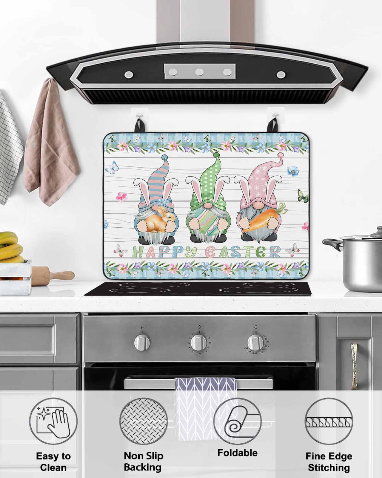 Large Induction Cooktop Protector Mat Easter Stove Top Covers for Electric Stove, Farmhouse Gnomes Flowers Rabbit Eggs Check Wooden Decorative Stove Burner Cover Mats, Glass Top Stove Cover