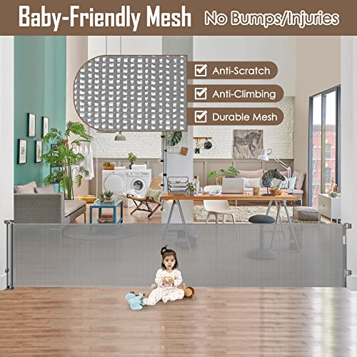 185 Inch Extra Wide Retractable Baby Gate Retractable Gate Outdoor Extra Long Dog Gate Extra Wide Baby Gates for Large Openings, Mesh Dog Gate Extra Large Pet Gate, Gray