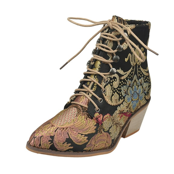 YLYL Womens Ankle Booties Vintage Floral Embroidered Block Heel Cowboy Boots Heighten Booties