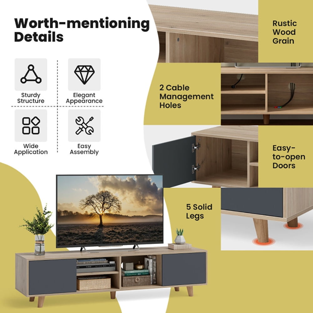 Finihen TV Stand, TV Cabinet, 63 Inch TV Stand with 2 Doors and Open Shelves, for Living Room, Bedroom, Sanremo Oak & Dark Grey