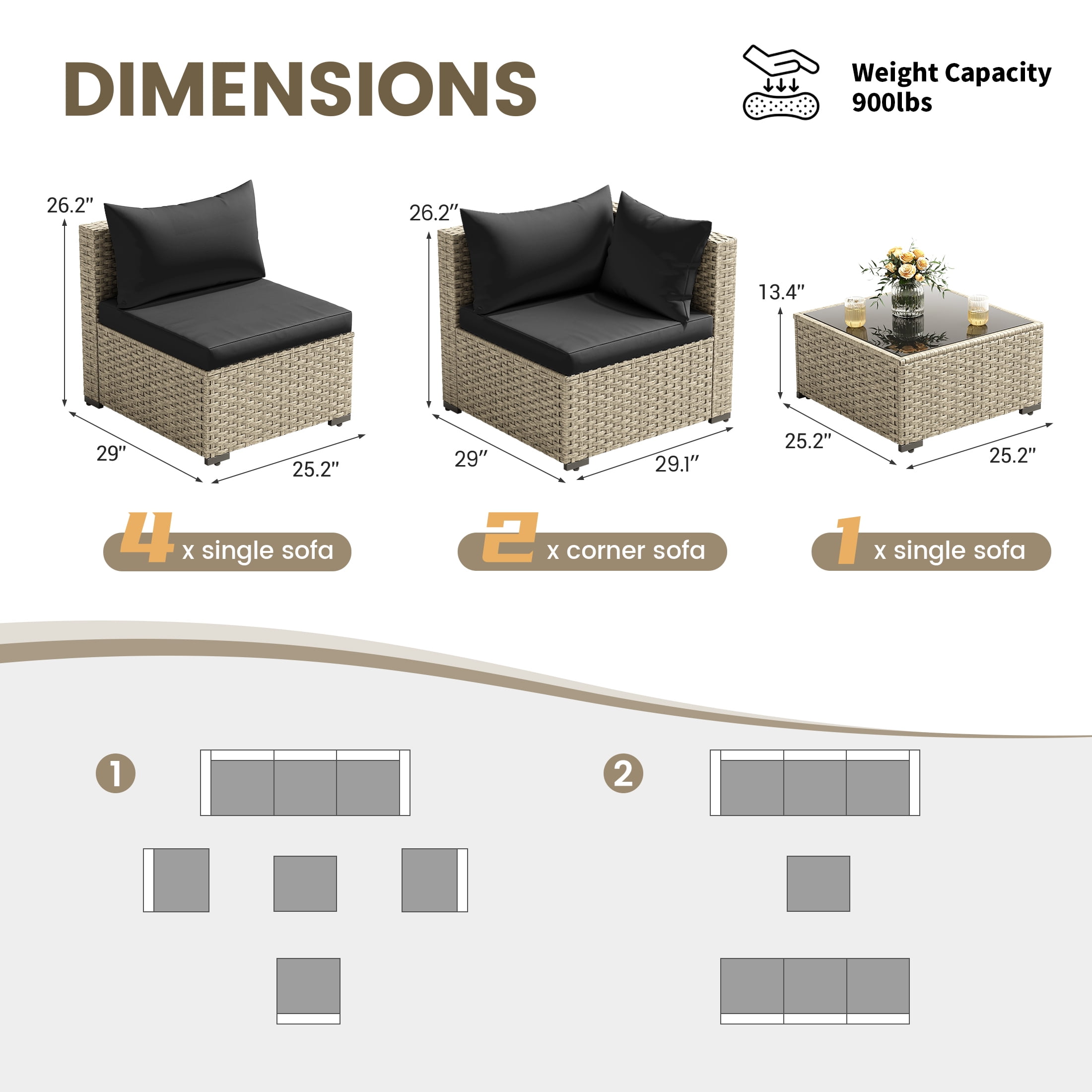 Poteban 7 Piece Outdoor Patio Furniture Set, Grey Rattan Wicker Outdoor Conversation Sectional Sofa Set with Cushions for Backyard, Black