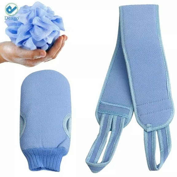 Deago 3 Pcs Exfoliating Back Scrubber for Shower, Korean Exfoliating Gloves Mitt for Body Exfoliation, Bath Scrub Loofah Sponge, Back Brush Washer Exfoliator for Men and Women (Blue)