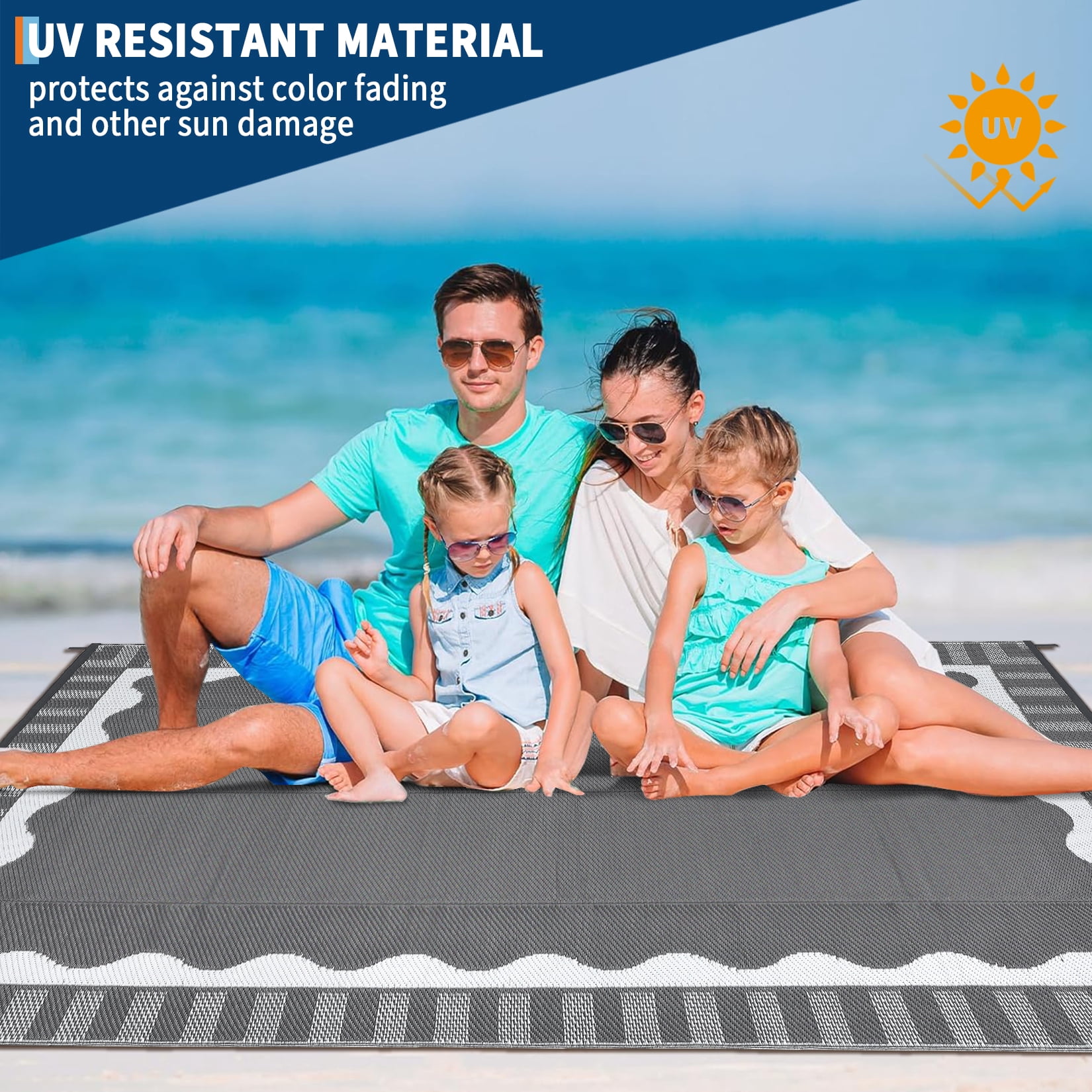 Nanan 8'x10' Outdoor Rug Scalloped Bordered Outdoor Patio Rug Waterproof Reversible Plastic Straw Rug for Camping Picnic Deck Balcony, Gray