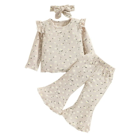 

Herdignity 3Pcs Girls Tracksuit Flower Print Pullover + Flared Pants + Headband Set