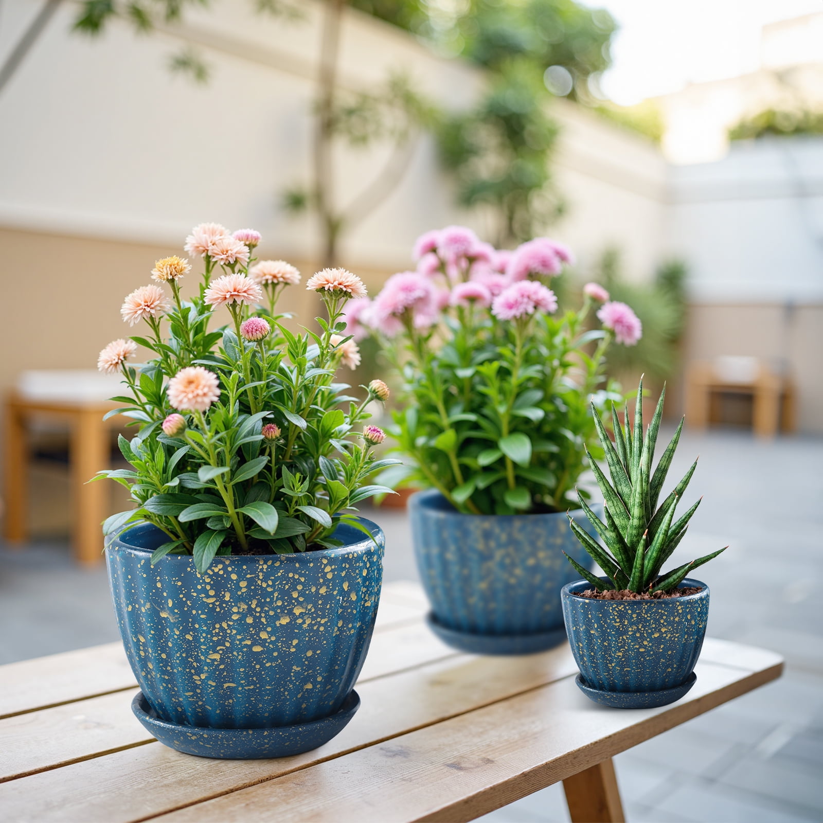 Ceramic Plant Pots with Drainage Holes and Saucers, Round Blue Flower Pots for Indoor Plant, Diameter 4.5/5.5/6.6 Inches Small Mini Flower Planters Set of 3
