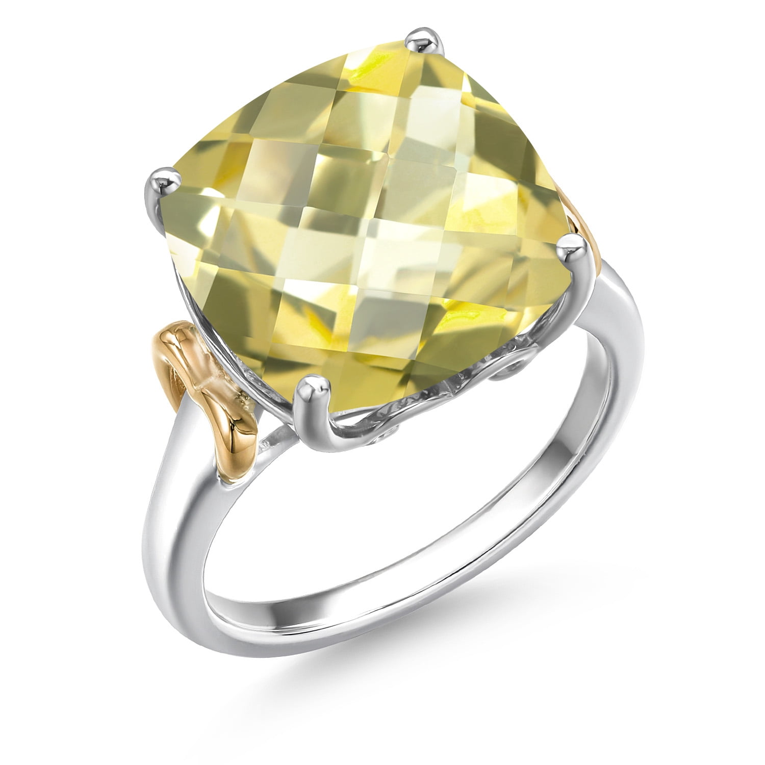 Gem Stone King 925 Silver and 10K Yellow Gold Yellow Lemon Quartz Solitaire Engagement Ring for Women | 6.70 Cttw | Cushion Checkerboard 12MM | Gemstone Birthstone | Size 9