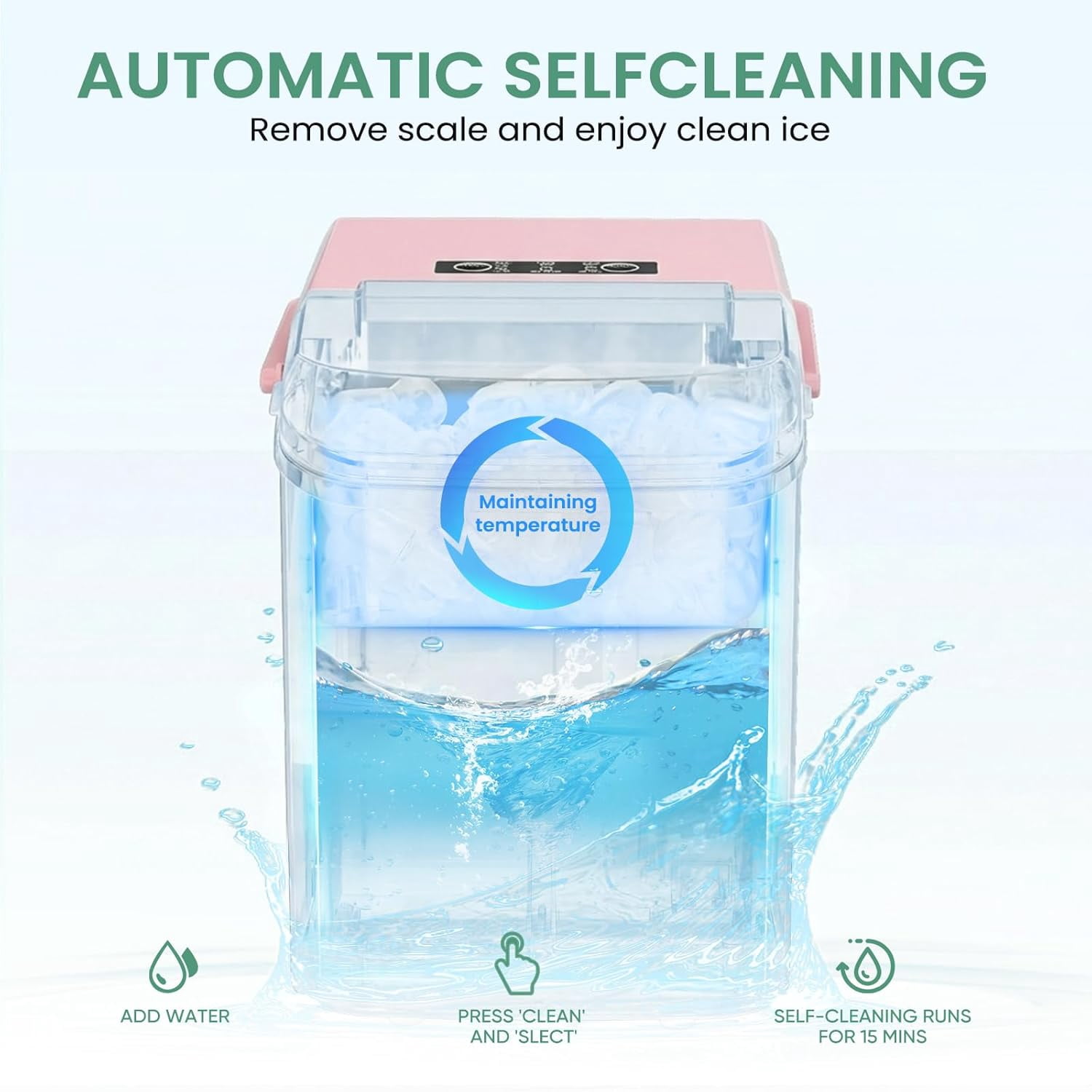 Portable Ice Maker Machine Countertop with Handle, 9 Bullet Ice Cubes in 6 Minutes, 26lbs Daily, Auto-Cleaning, Includes Basket and Scoop, for Home Kitchen RV Camping Light Pink