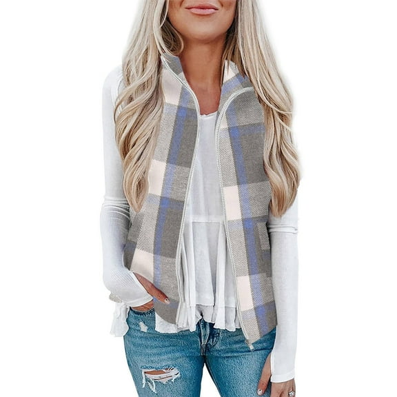 Ltctricy Women's Fleece Vest Tops Plaid Sleeveless Lapel Zip up Fuzzy Warm Casual Jackets Plush Outwear Coats with Pockets(Gray,X-Large)