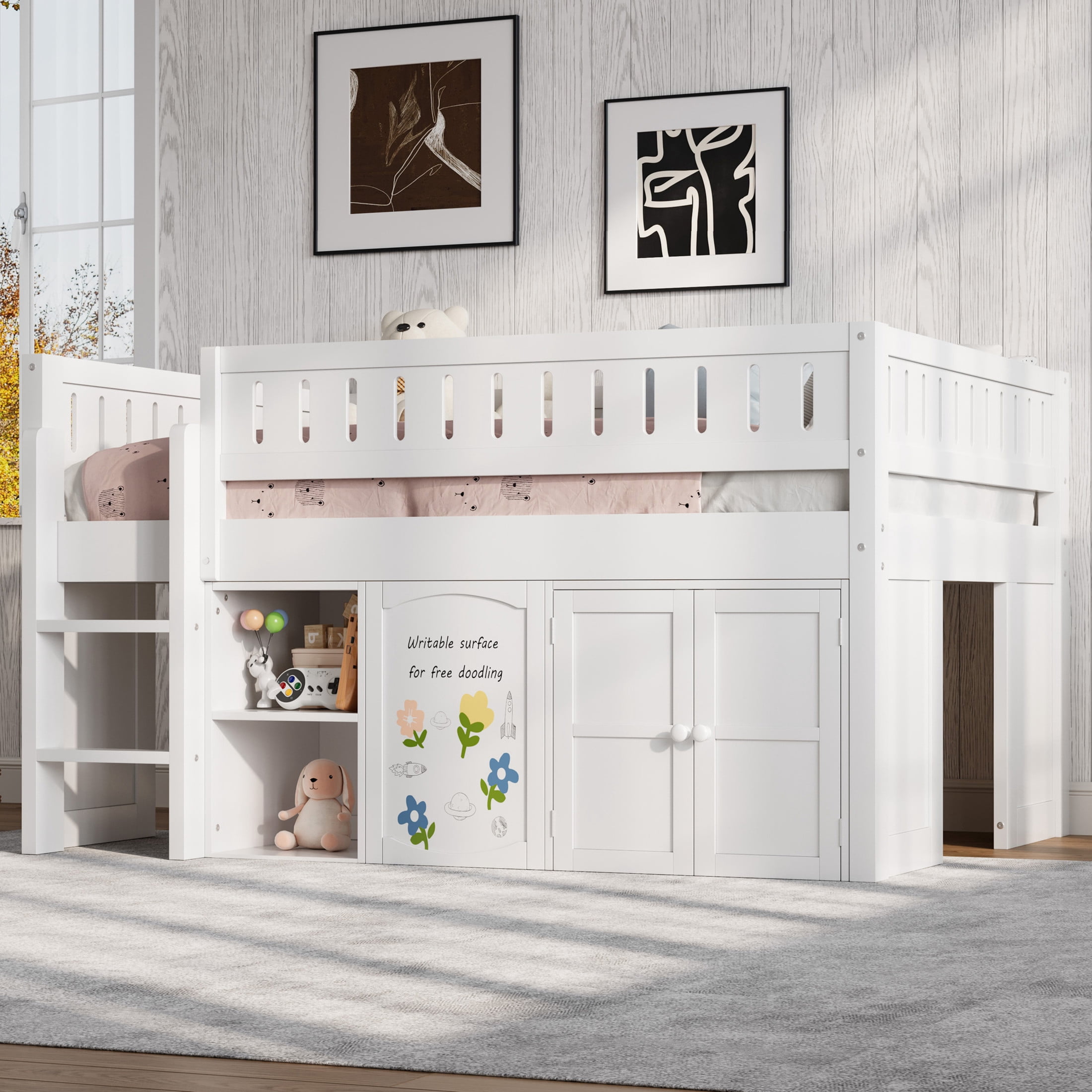 Noble House Blanche Full Loft Bed, Creative Chalkboard Panel and Double Door Storage Cabinet, Solid Wood Frame, White