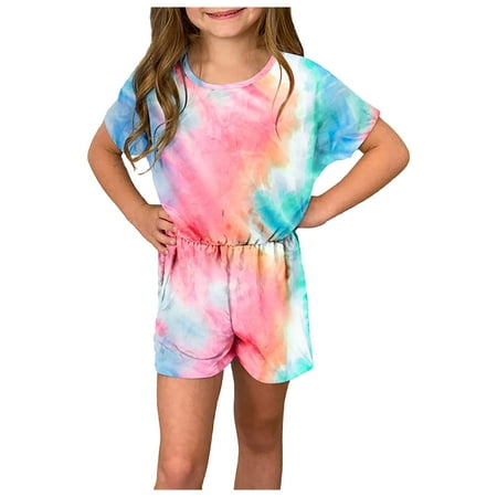 

ZMHEGW Child Kids Girls Short Sleeve Rainbow Tie-Dyed Printed Romper Jumpsuit for 4Y-13Y