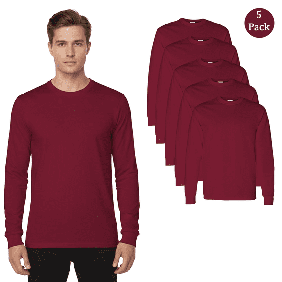 Gildan Men's Heavy Cotton T-Shirt, Long Sleeve Crewneck Tee, Cardinal Red, 5-Pack, S