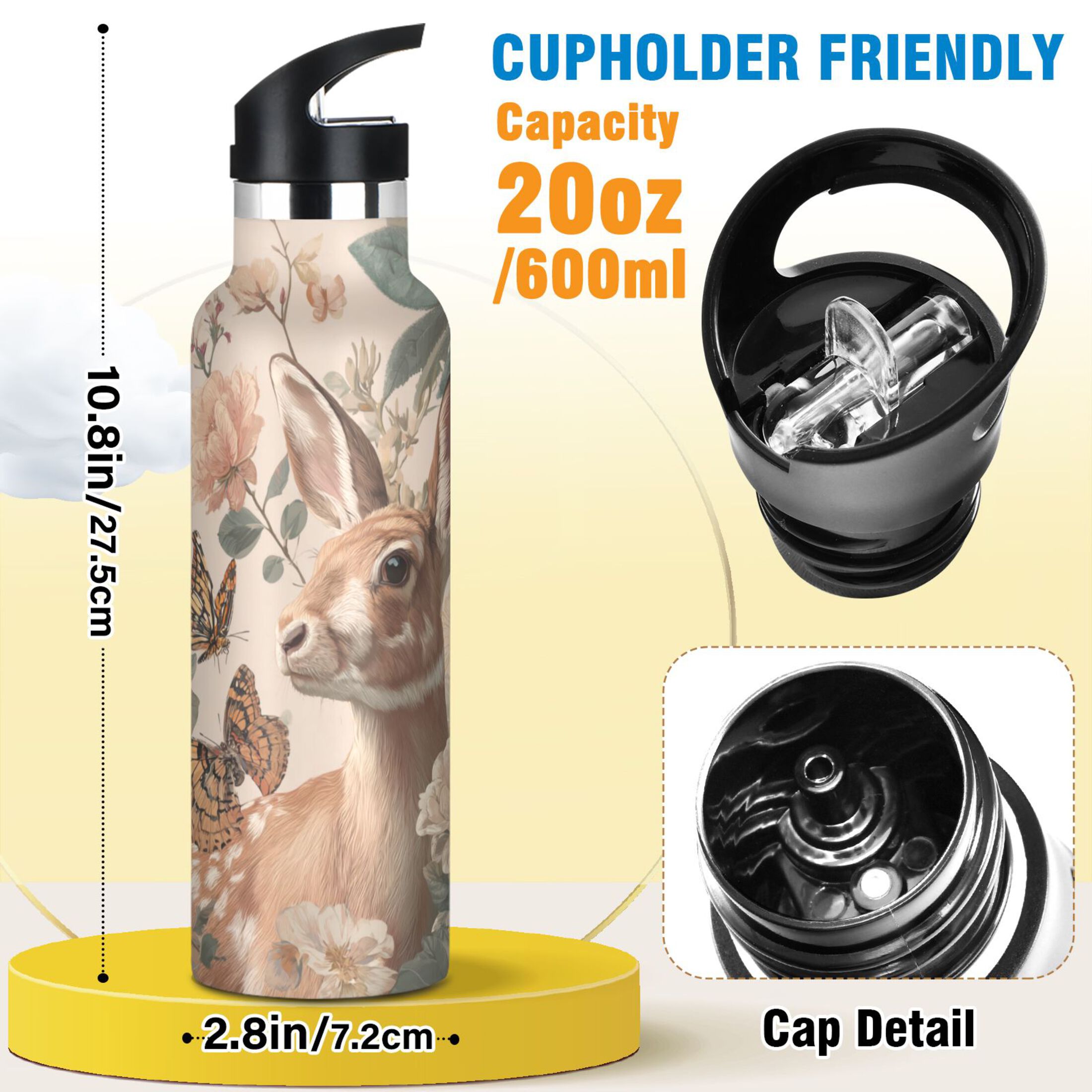 Kids Insulated Stainless Steel Sports Water Bottle 600ml (20oz) Deer and Butterflies Pattern